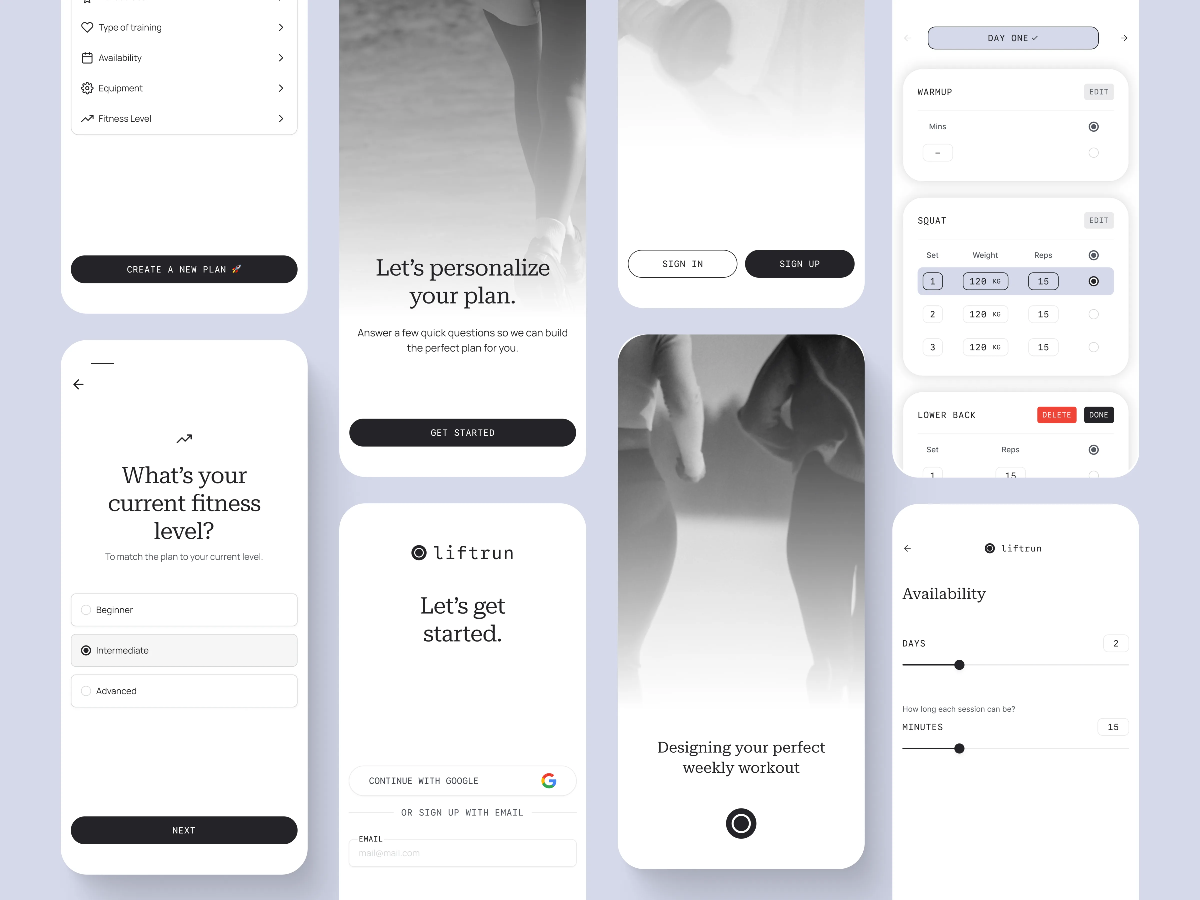 Liftrun profile and training settings screens