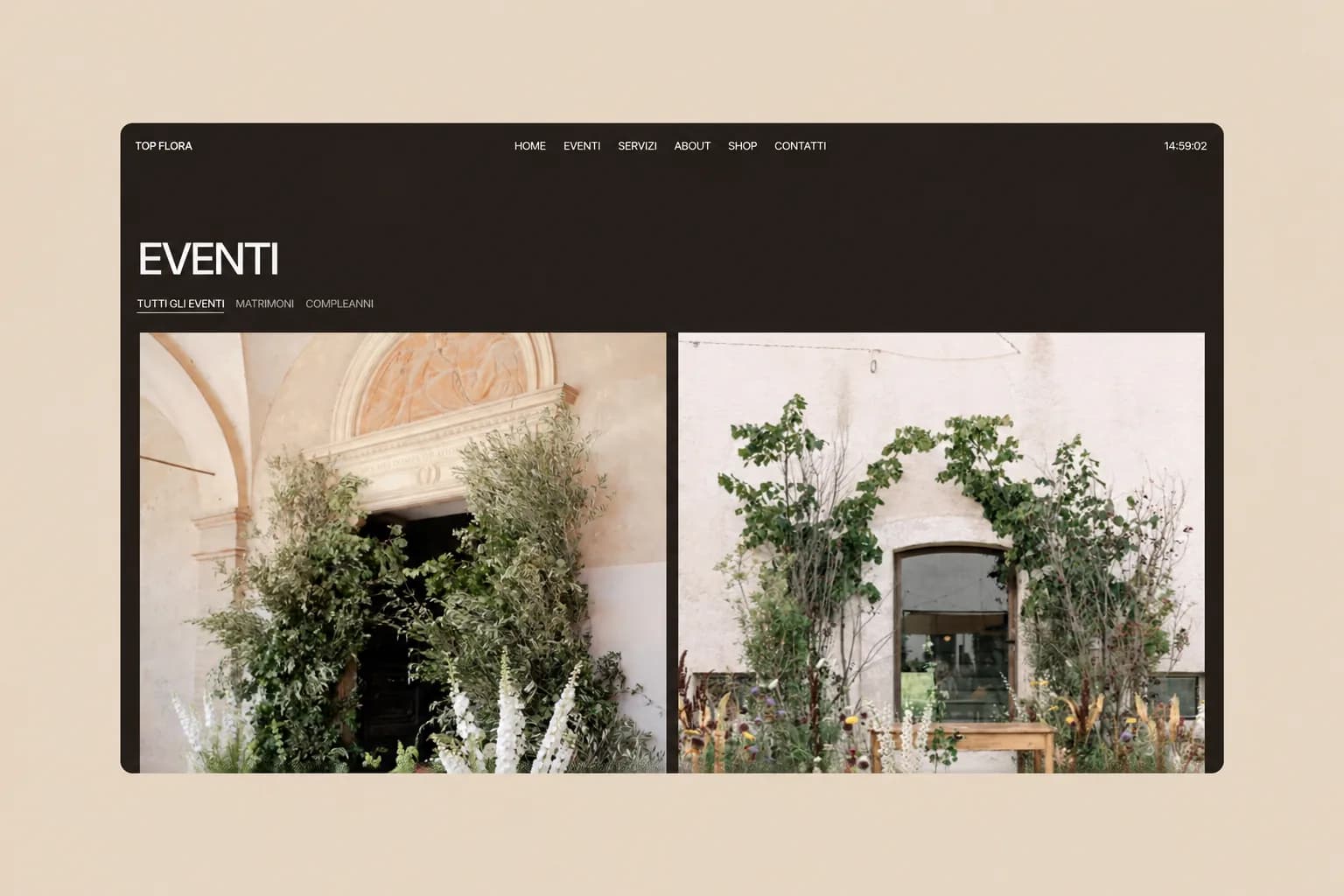 Top Flora events screenshot on a warm beige background