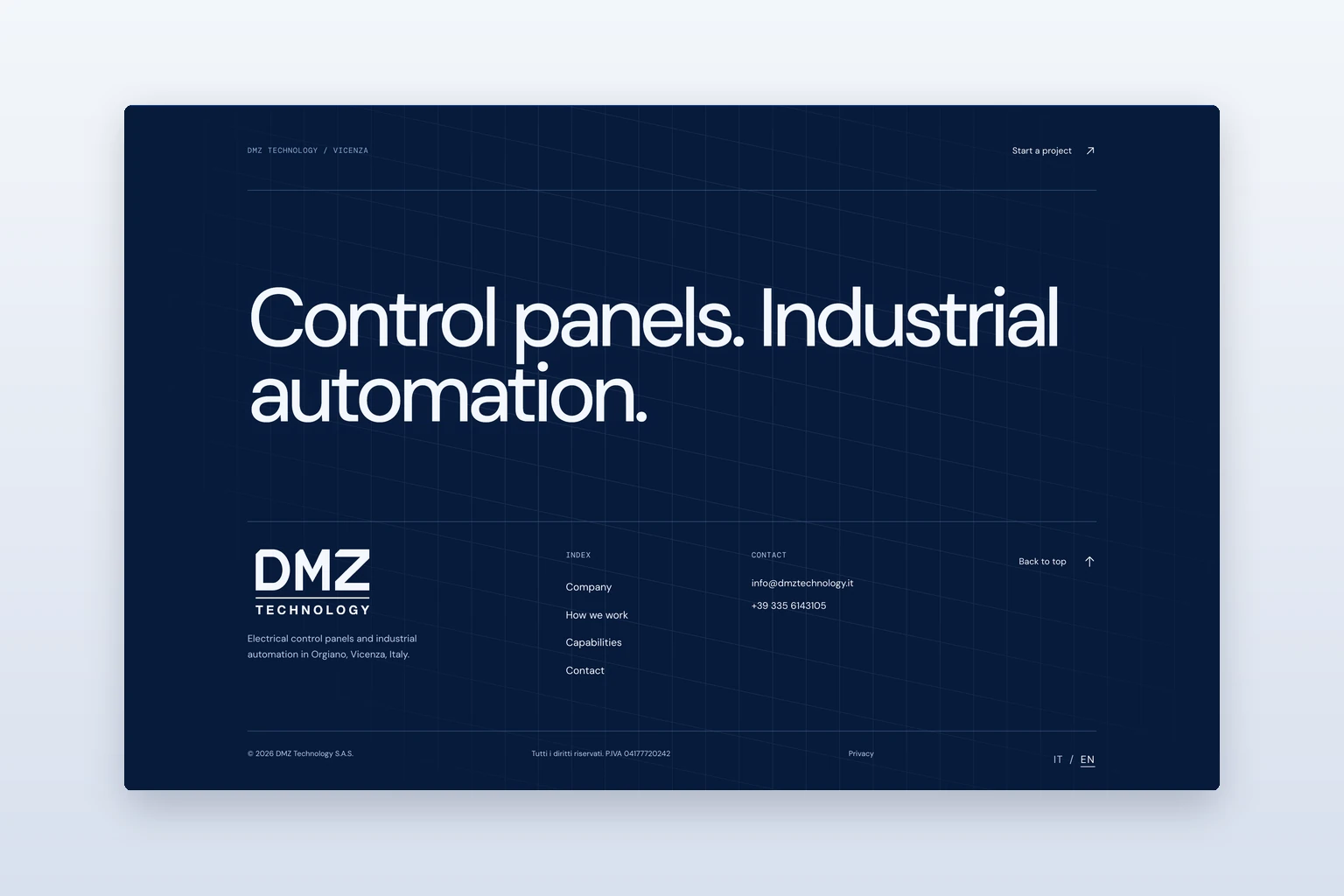 The complete DMZ Technology footer with the DMZ Technology logo, index, contact details and legal line