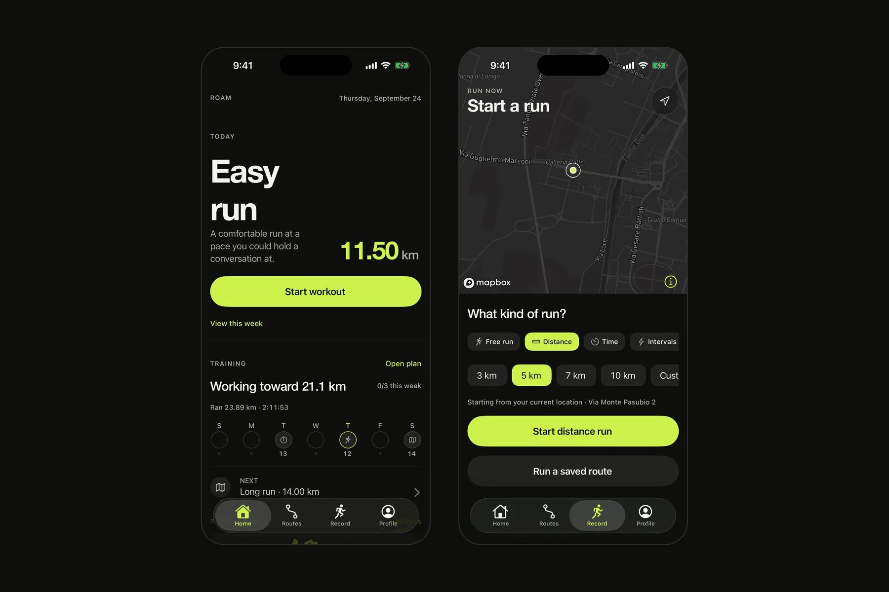 Roam home and start-run screens