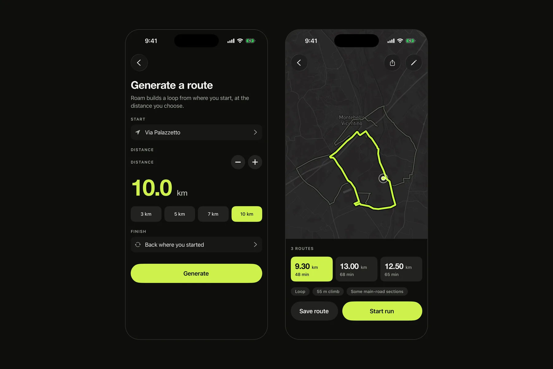 Route generation form and generated route options