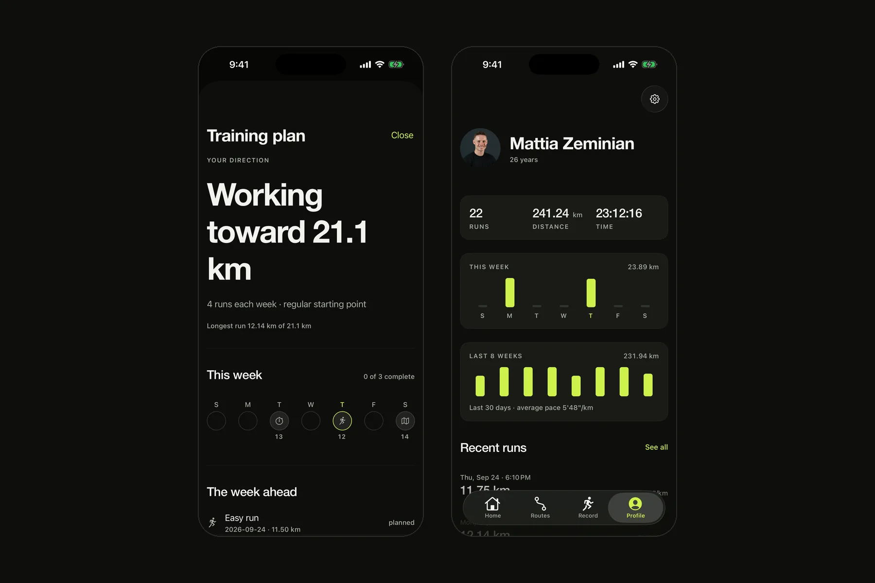 Training plan and profile screens