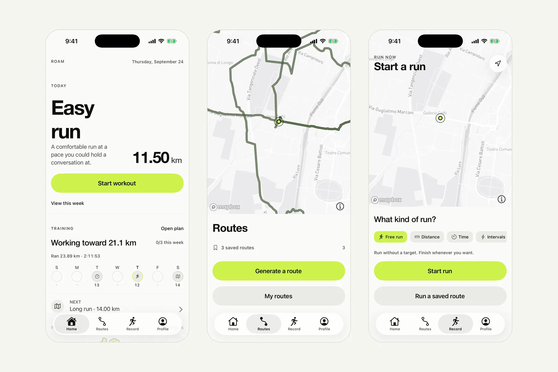 Roam in light mode — home, routes and start run